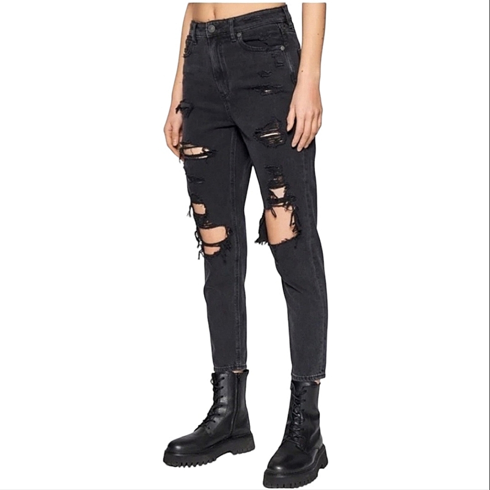 American Eagle Outfitters AEO washed black ripped stretch waistband mom jeans 4